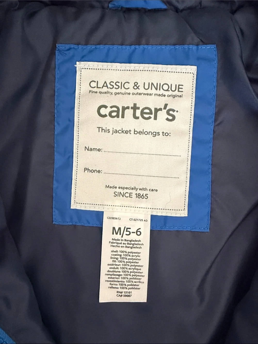 Carter's Royal Blue Hooded Puffer Jacket size 5/6 KIDS